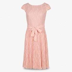 Grefit Pink Leaf Lace Pleated Cap Sleeve Midi Dress Womens‎ Size XS 2 26-1159